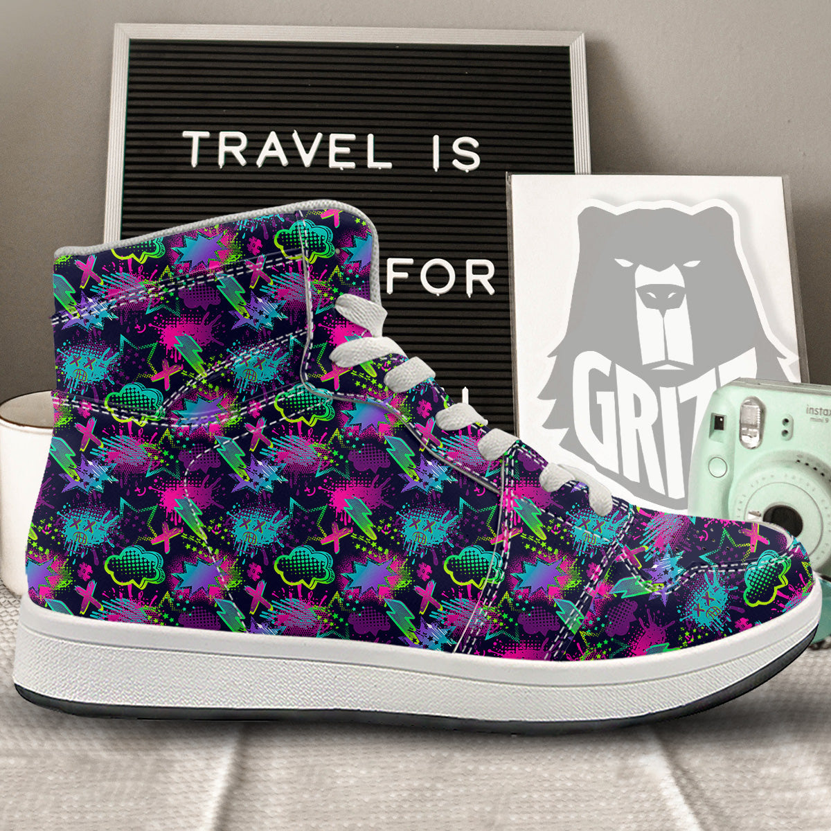 Abstract Graffiti Emoji Print Pattern High Top Sneakers-grizzshop