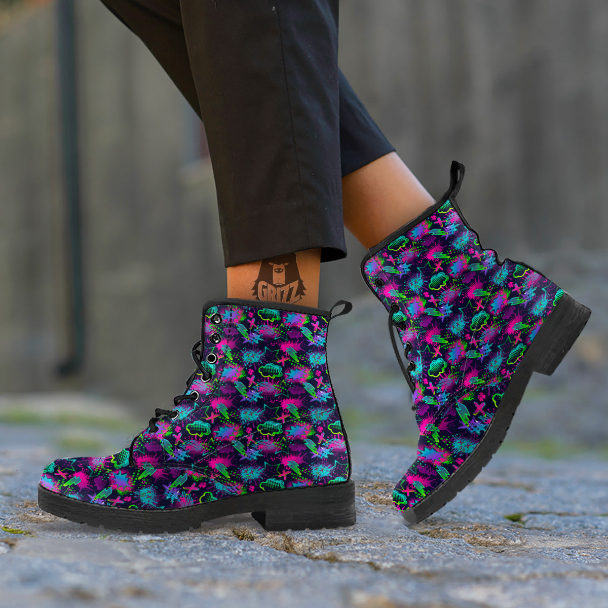 Abstract Graffiti Emoji Print Pattern Leather Boots-grizzshop