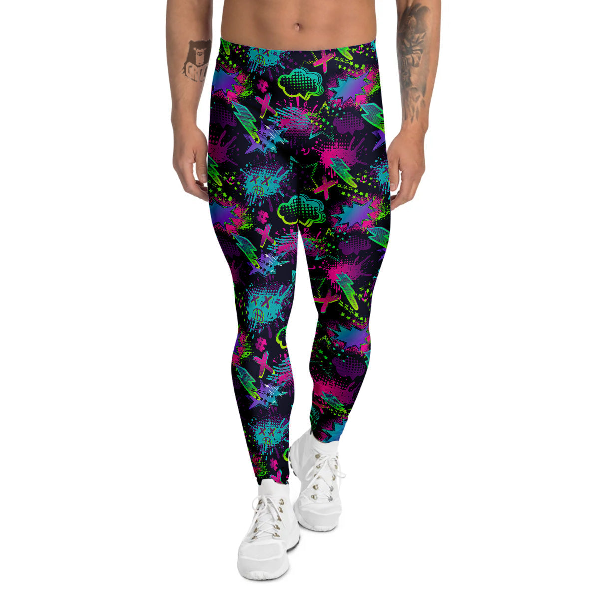 Abstract Graffiti Emoji Print Pattern Men's Leggings-grizzshop