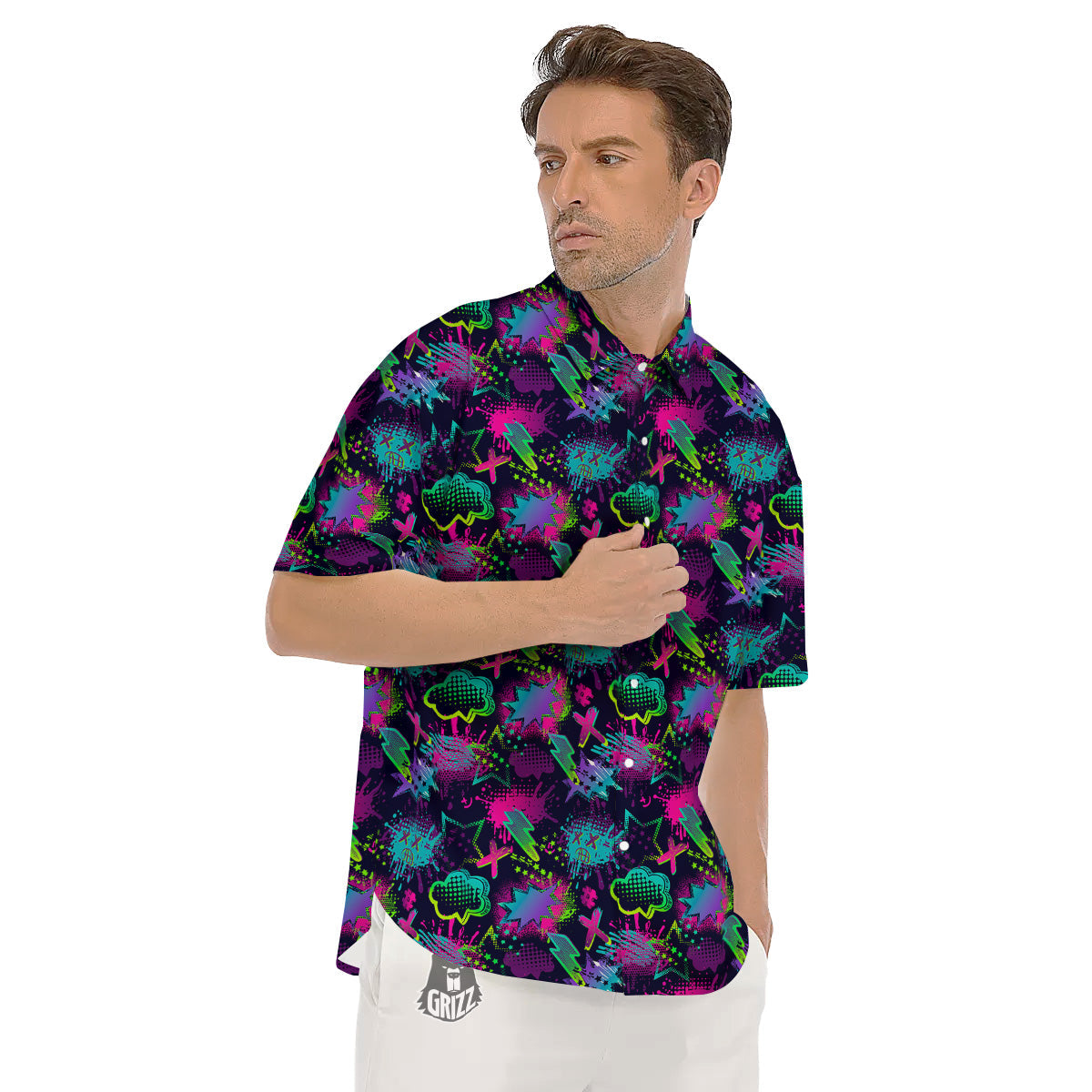 Abstract Graffiti Emoji Print Pattern Men's Short Sleeve Shirts-grizzshop