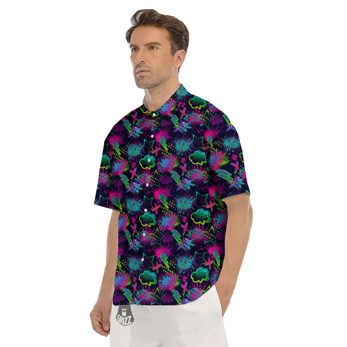 Abstract Graffiti Emoji Print Pattern Men's Short Sleeve Shirts-grizzshop