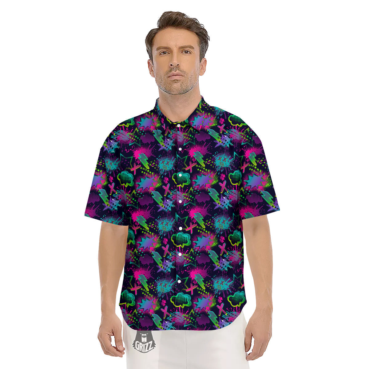 Abstract Graffiti Emoji Print Pattern Men's Short Sleeve Shirts-grizzshop