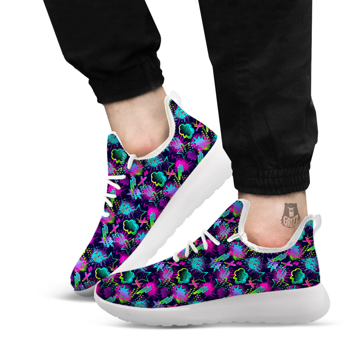 Abstract Graffiti Emoji Print Pattern White Athletic Shoes-grizzshop