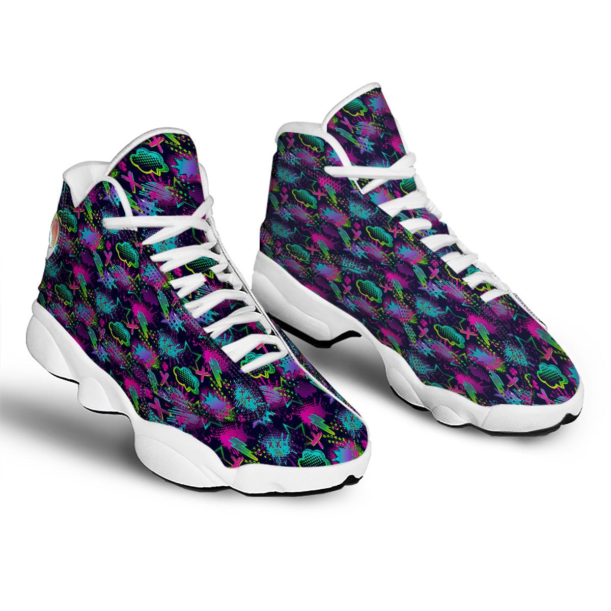 Abstract Graffiti Emoji Print Pattern White Basketball Shoes-grizzshop