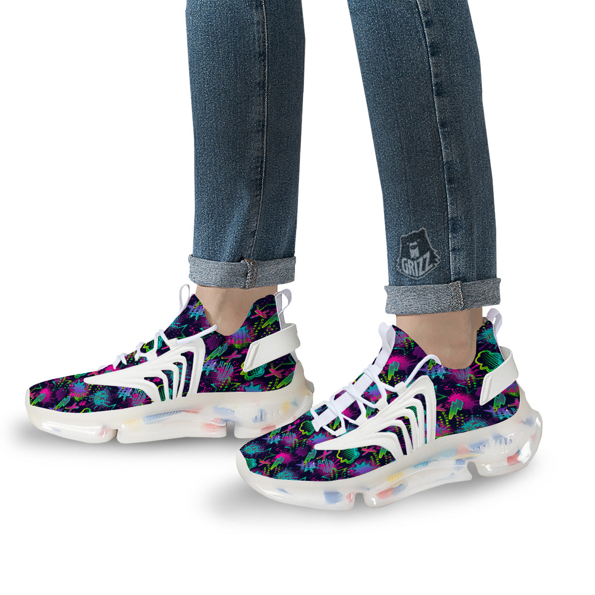 Abstract Graffiti Emoji Print Pattern White Gym Shoes-grizzshop