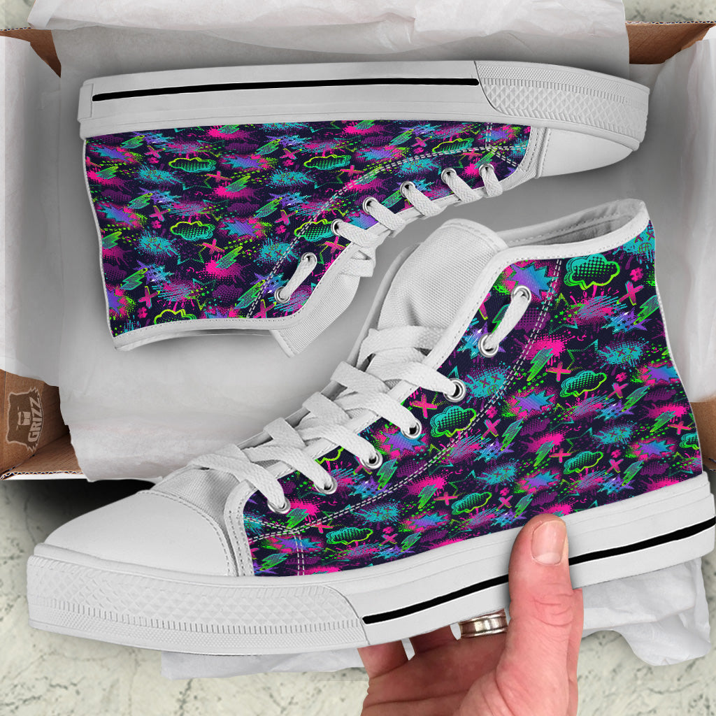 Abstract Graffiti Emoji Print Pattern White High Top Shoes-grizzshop