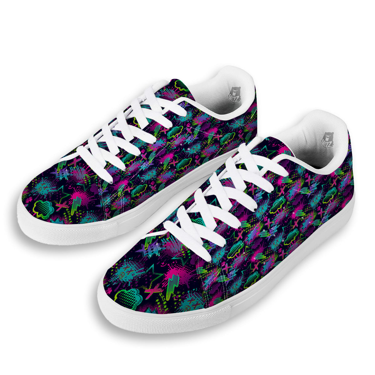 Abstract Graffiti Emoji Print Pattern White Low Top Sneakers-grizzshop