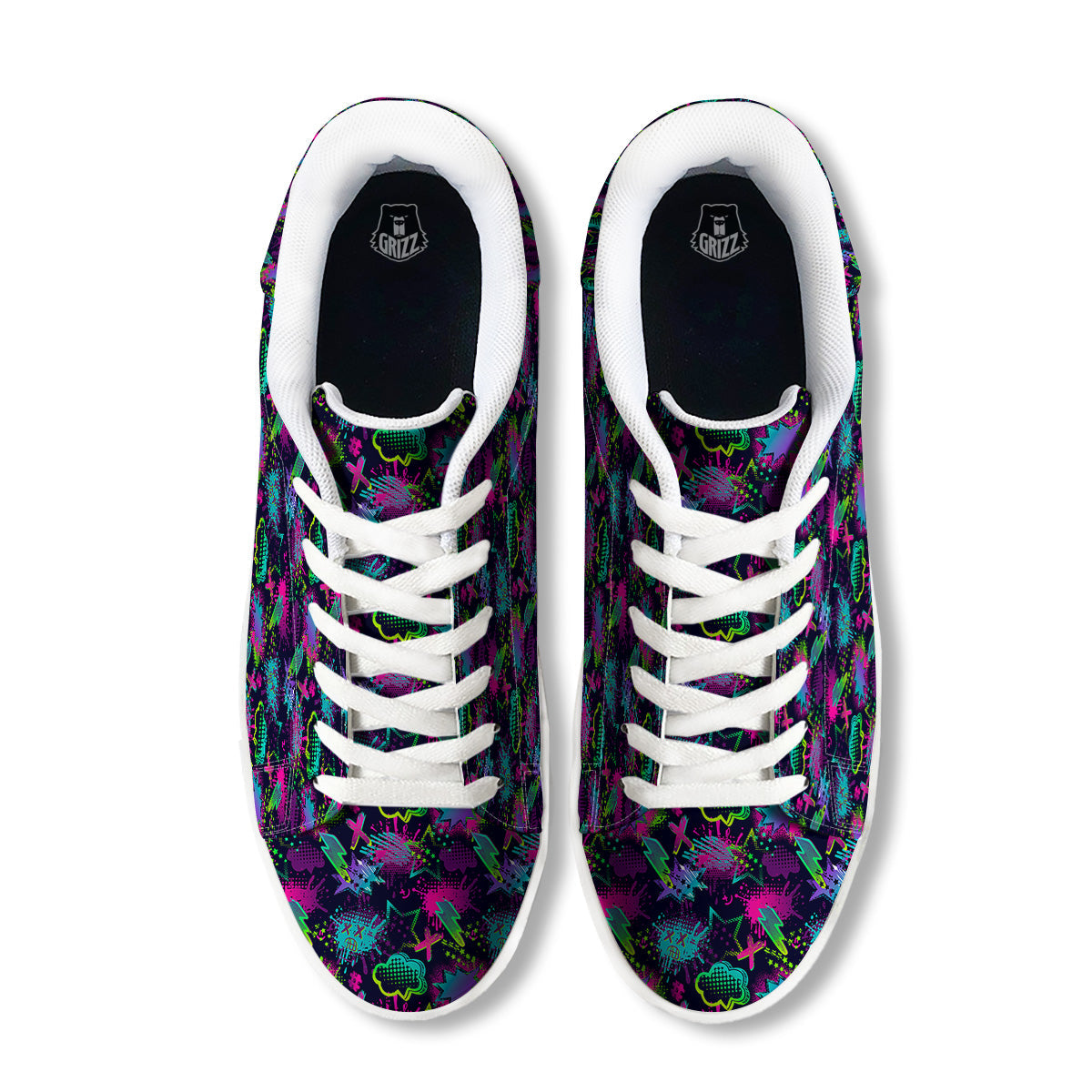 Abstract Graffiti Emoji Print Pattern White Low Top Sneakers-grizzshop