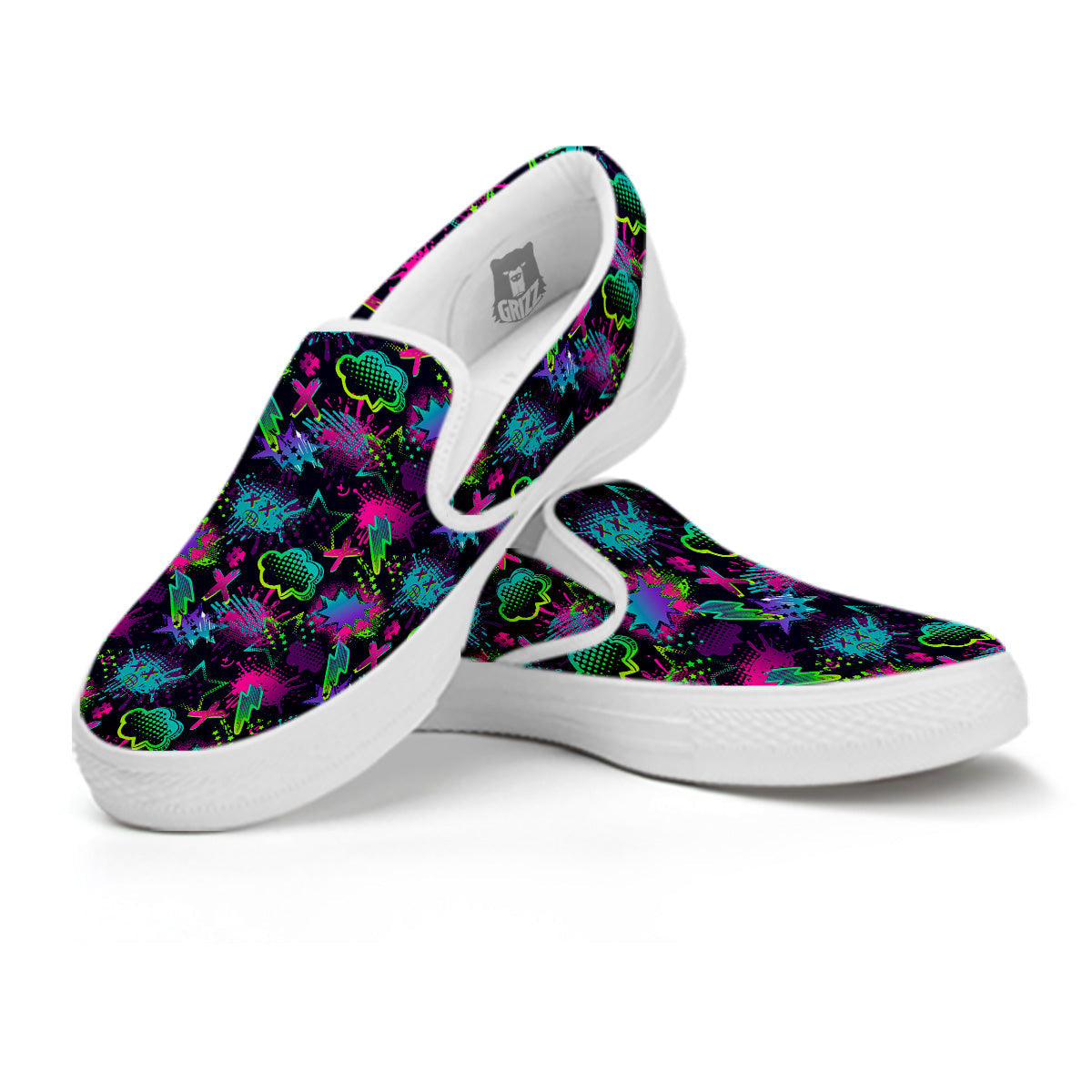 Abstract Graffiti Emoji Print Pattern White Slip On Shoes-grizzshop