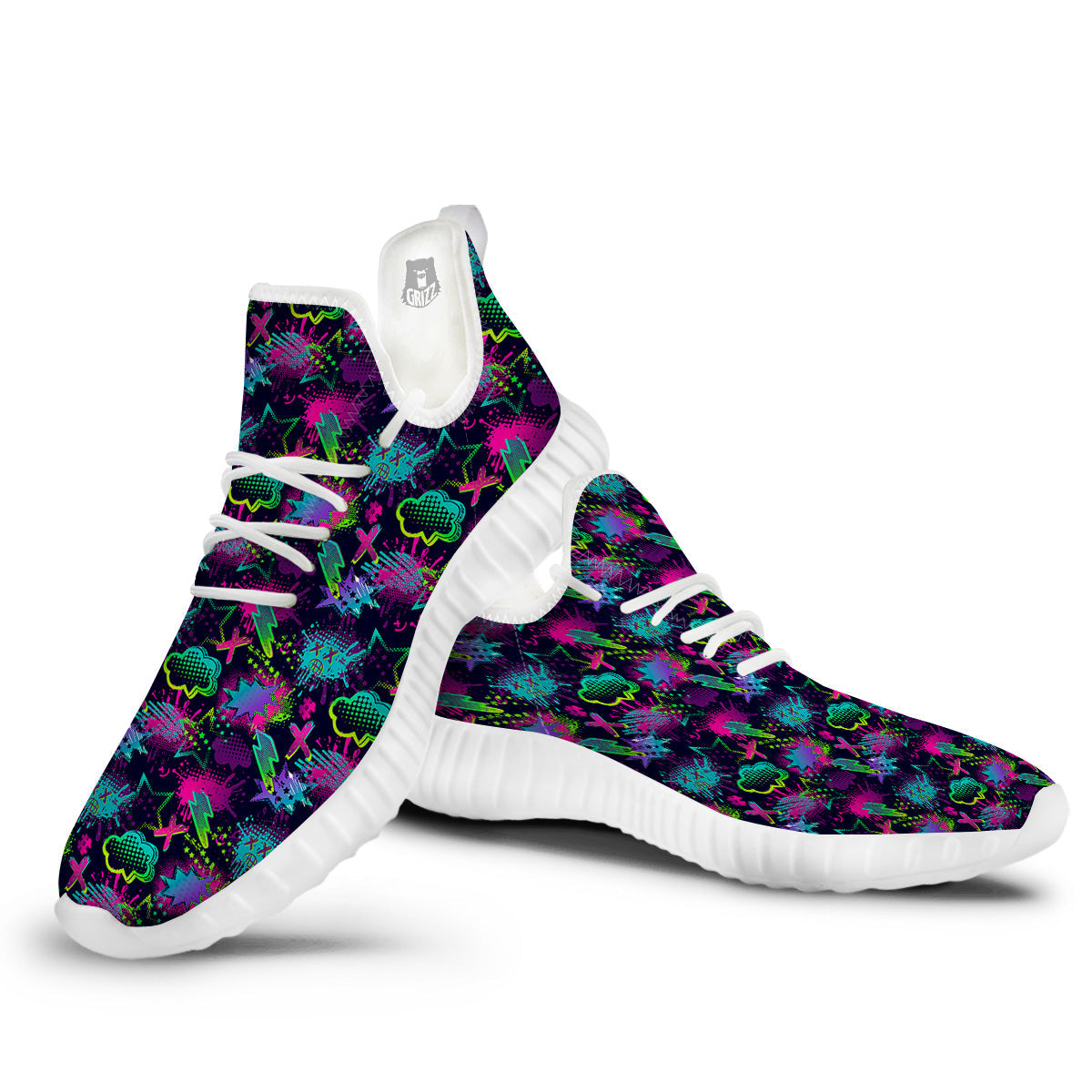 Abstract Graffiti Emoji Print Pattern White Walking Shoes-grizzshop