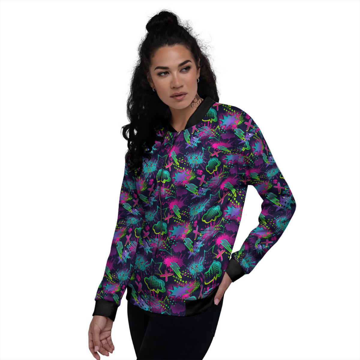 Abstract Graffiti Emoji Print Pattern Women's Bomber Jacket-grizzshop