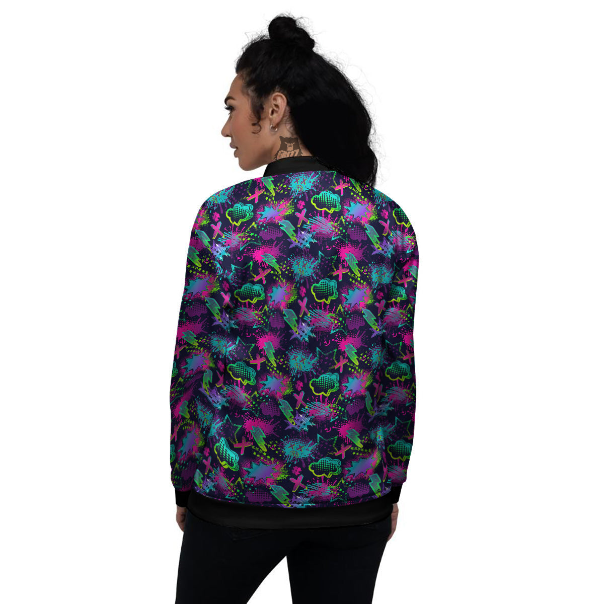 Abstract Graffiti Emoji Print Pattern Women's Bomber Jacket-grizzshop