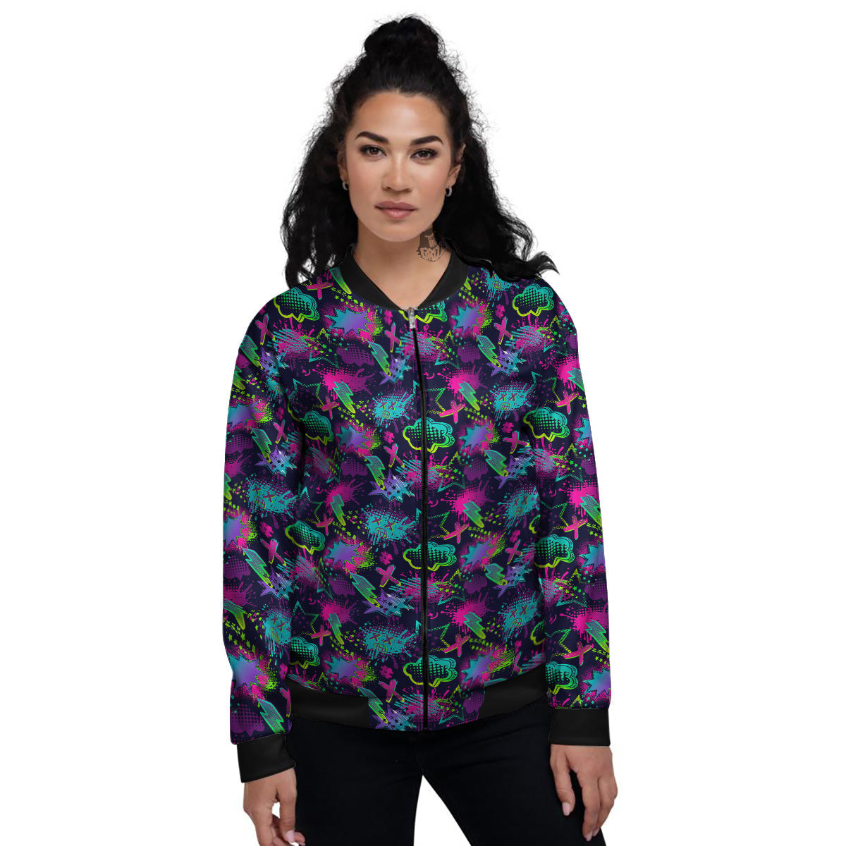 Abstract Graffiti Emoji Print Pattern Women's Bomber Jacket-grizzshop