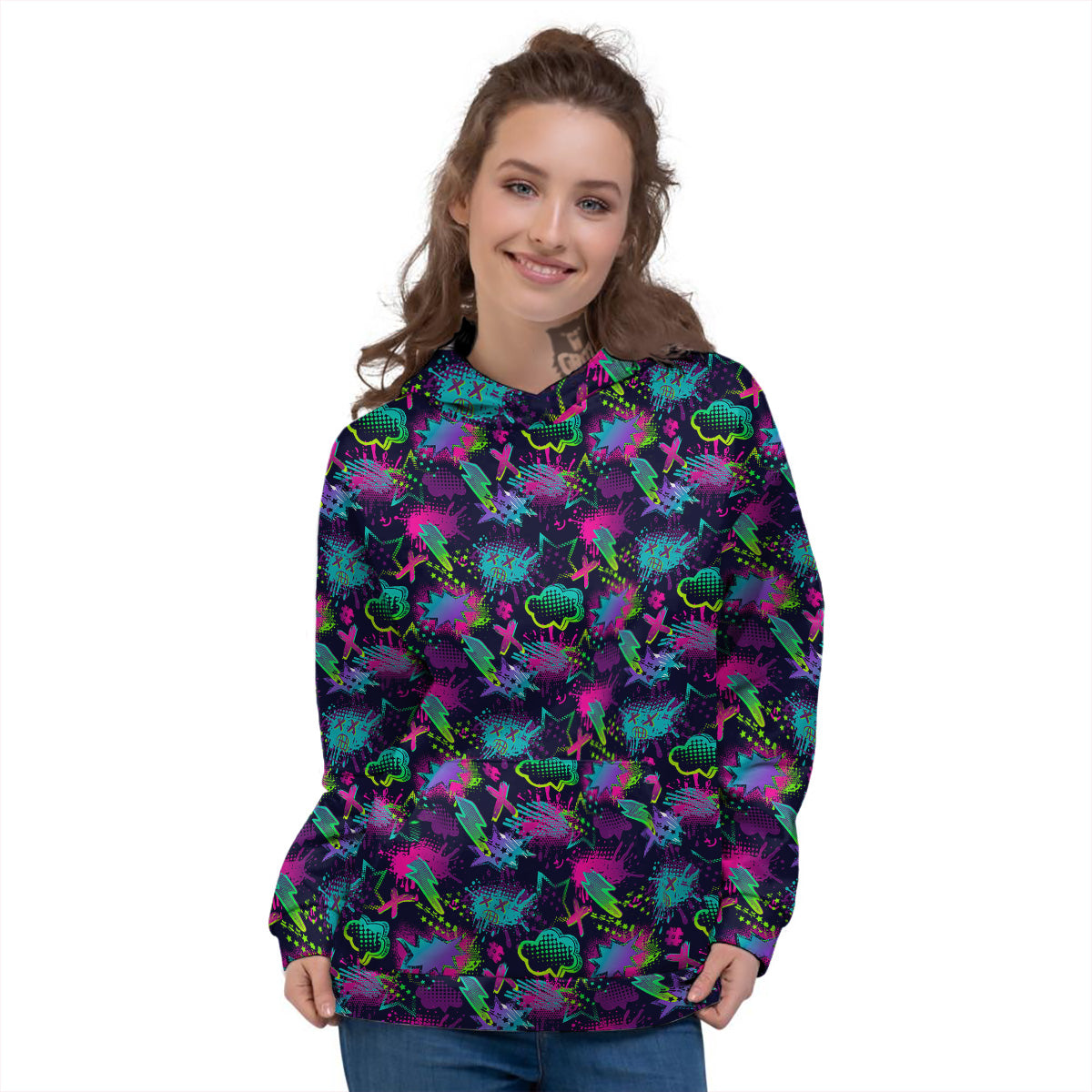 Abstract Graffiti Emoji Print Pattern Women's Hoodie-grizzshop