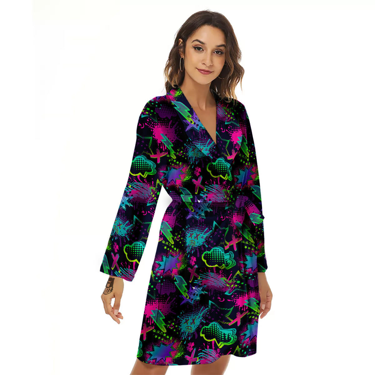 Abstract Graffiti Emoji Print Pattern Women's Robe-grizzshop