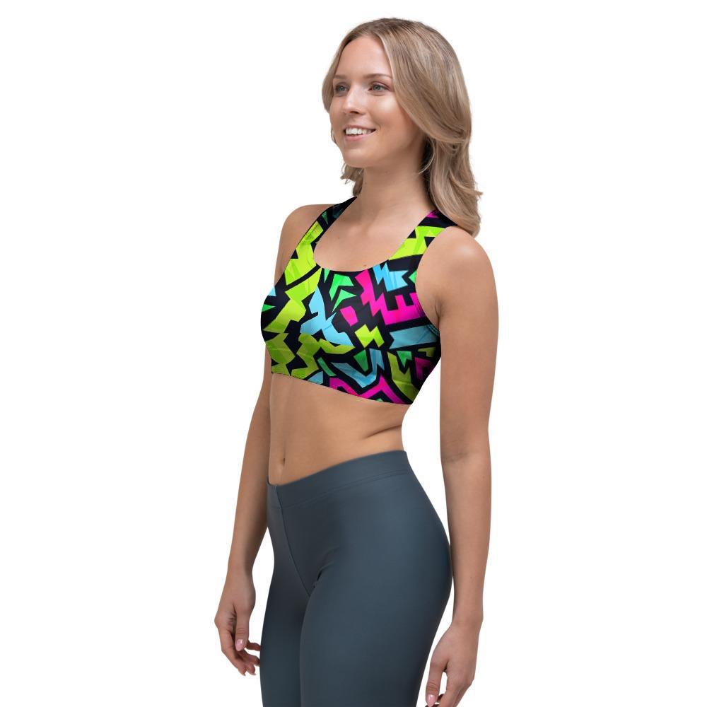 Abstract Graffiti Geometric Sports Bra-grizzshop