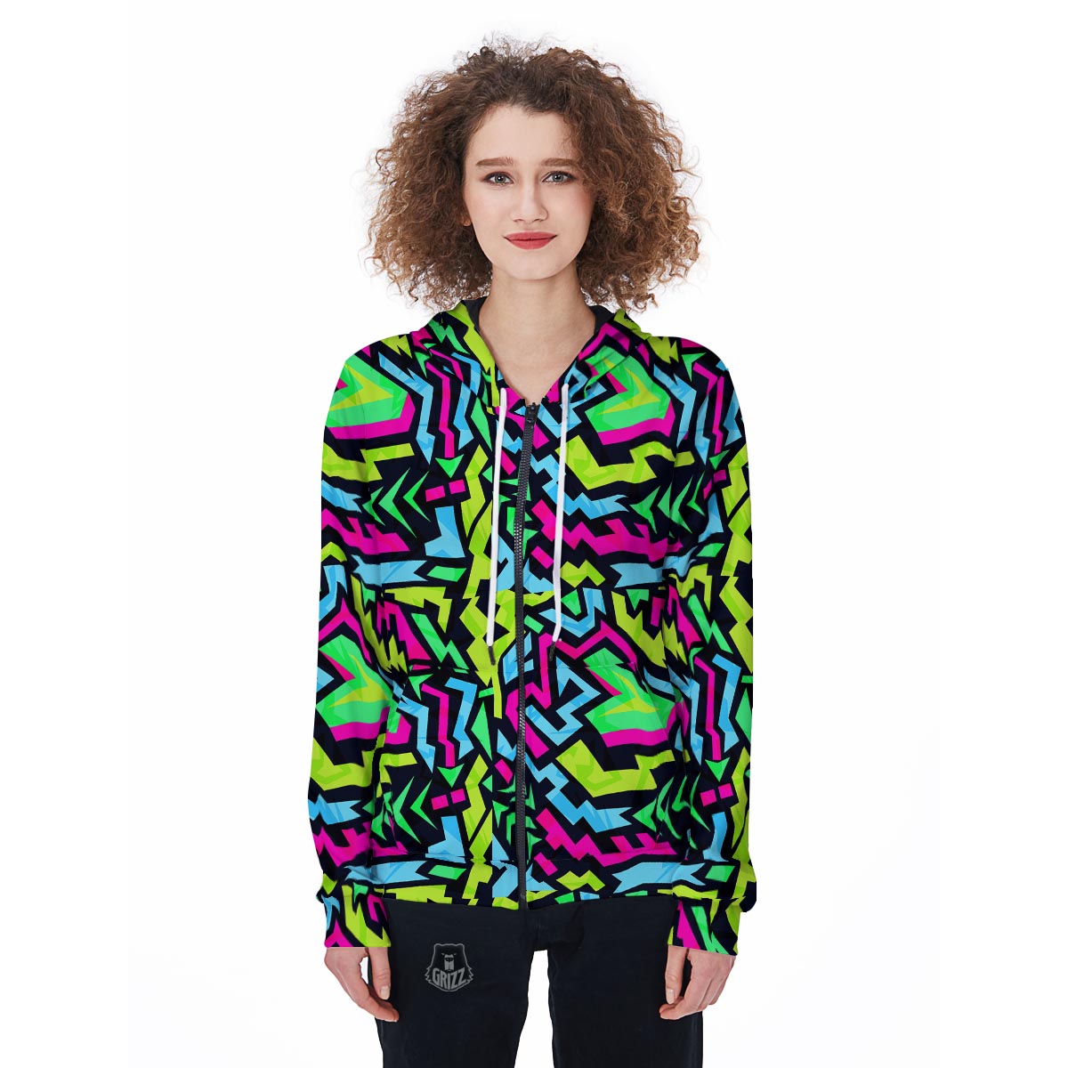 Abstract Graffiti Geometric Women's Zip Up Hoodie-grizzshop