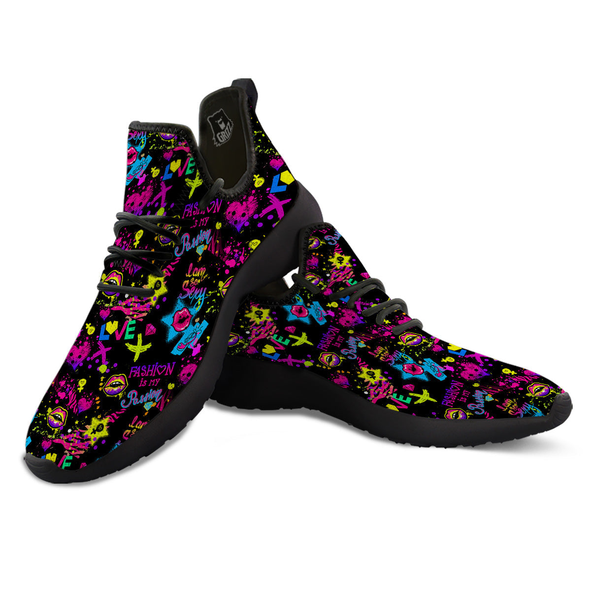 Abstract Graffiti Girlish Spray Paint Print Pattern Black Athletic Shoes-grizzshop