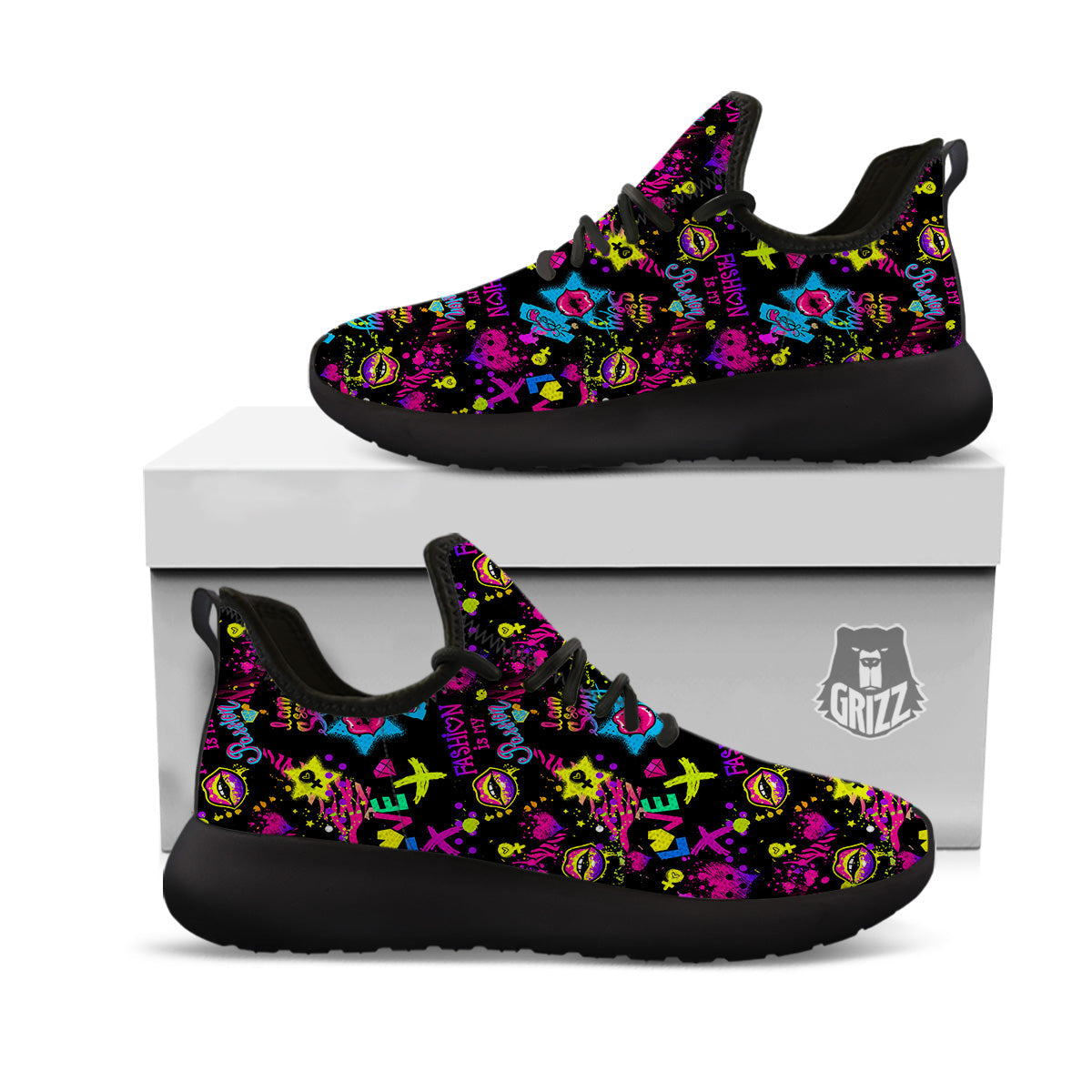 Abstract Graffiti Girlish Spray Paint Print Pattern Black Athletic Shoes-grizzshop