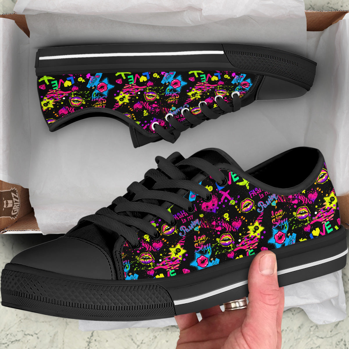 Abstract Graffiti Girlish Spray Paint Print Pattern Black Low Top Shoes-grizzshop