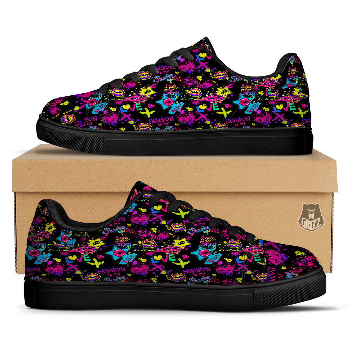 Abstract Graffiti Girlish Spray Paint Print Pattern Black Low Top Sneakers-grizzshop