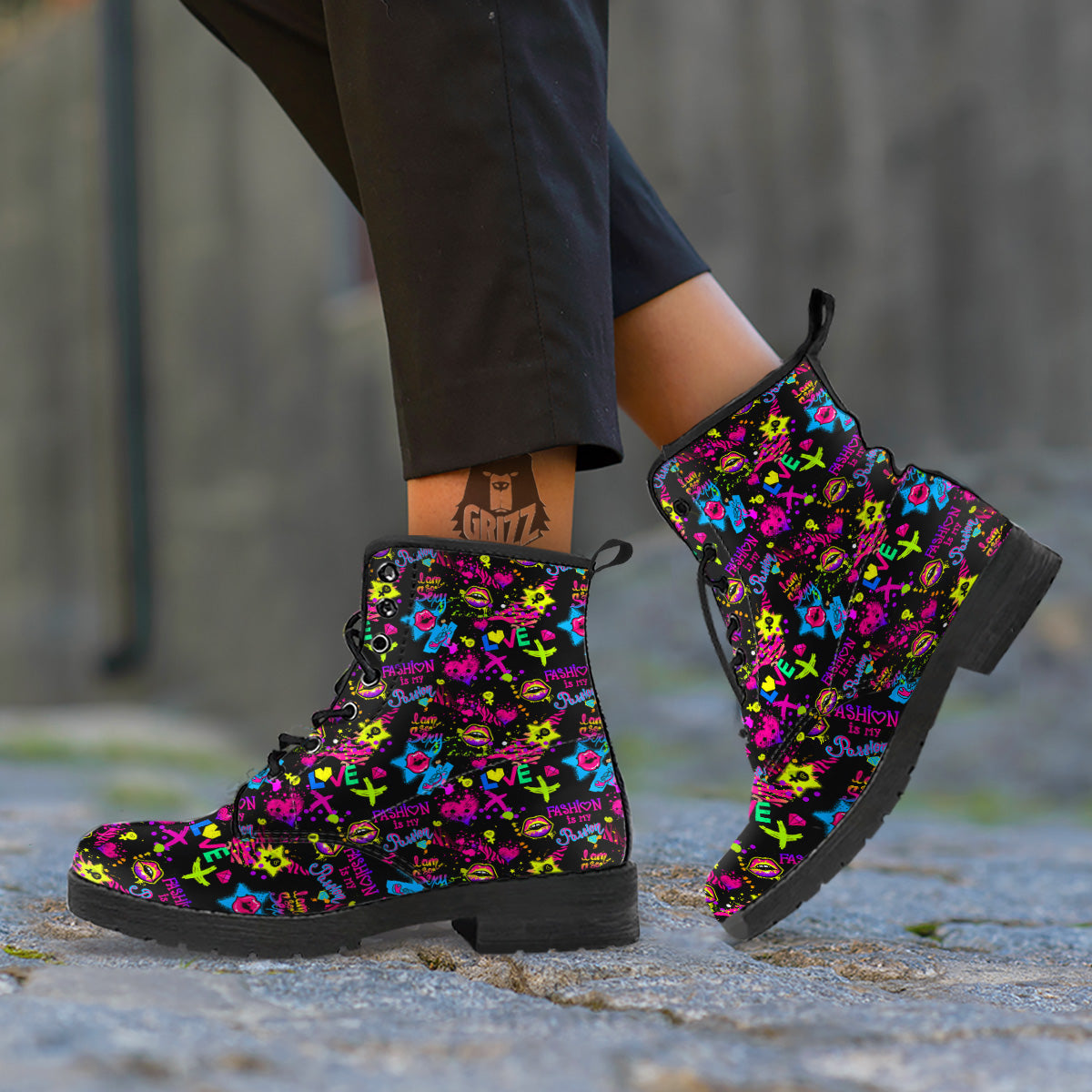 Abstract Graffiti Girlish Spray Paint Print Pattern Leather Boots-grizzshop