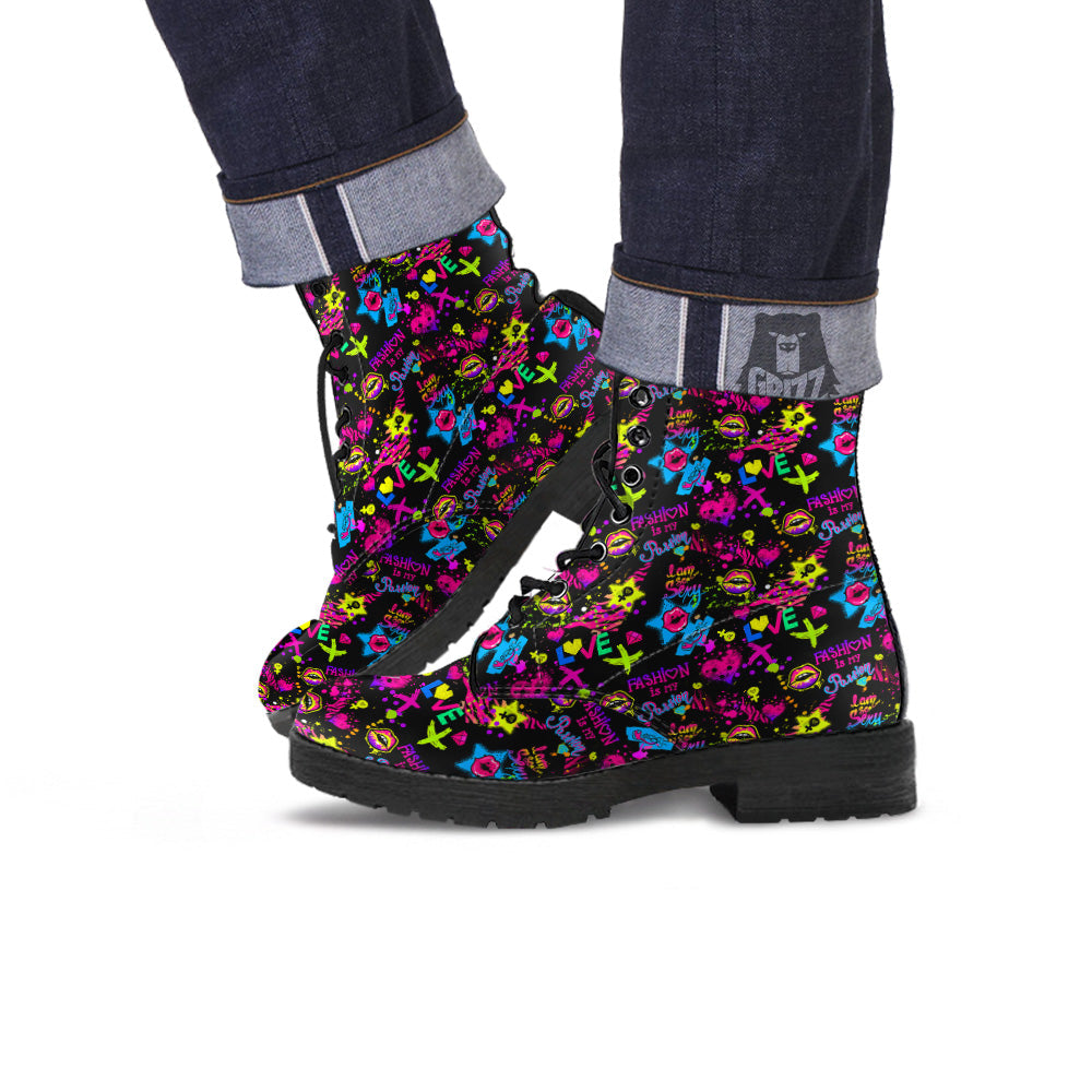 Abstract Graffiti Girlish Spray Paint Print Pattern Leather Boots-grizzshop