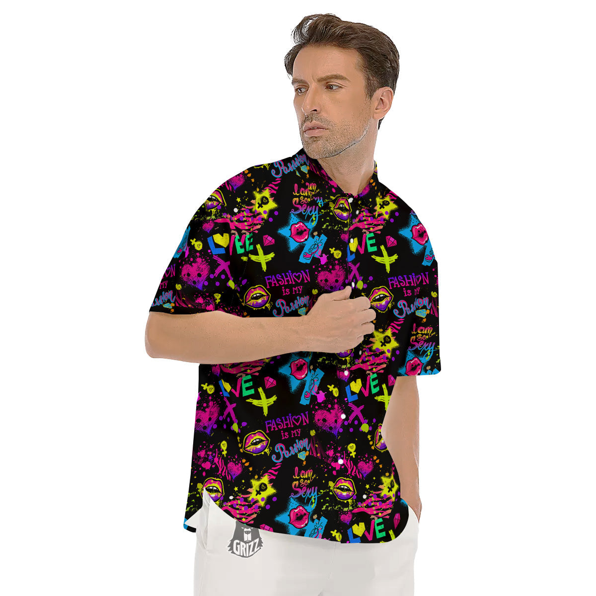 Abstract Graffiti Girlish Spray Paint Print Pattern Men's Short Sleeve Shirts-grizzshop