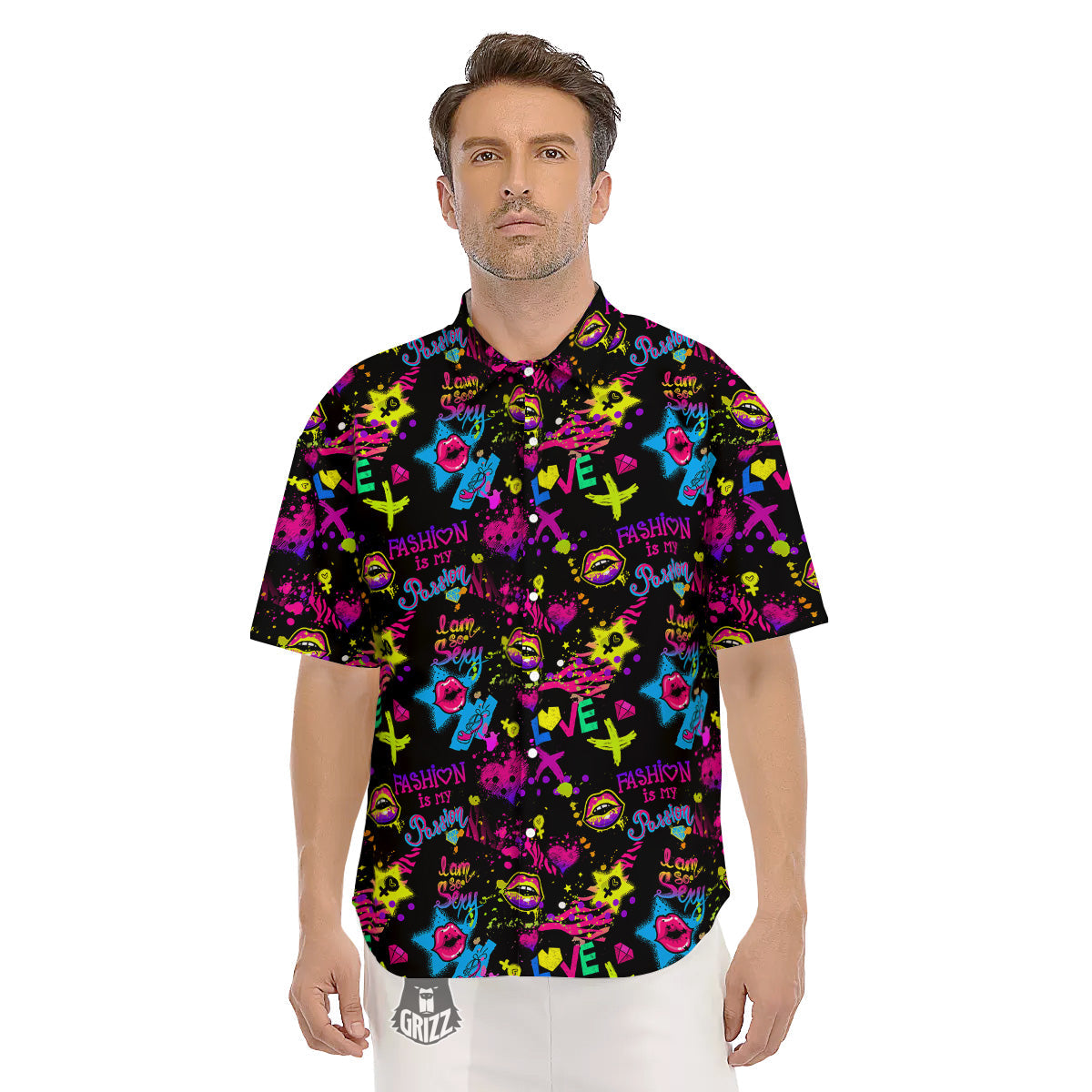 Abstract Graffiti Girlish Spray Paint Print Pattern Men's Short Sleeve Shirts-grizzshop