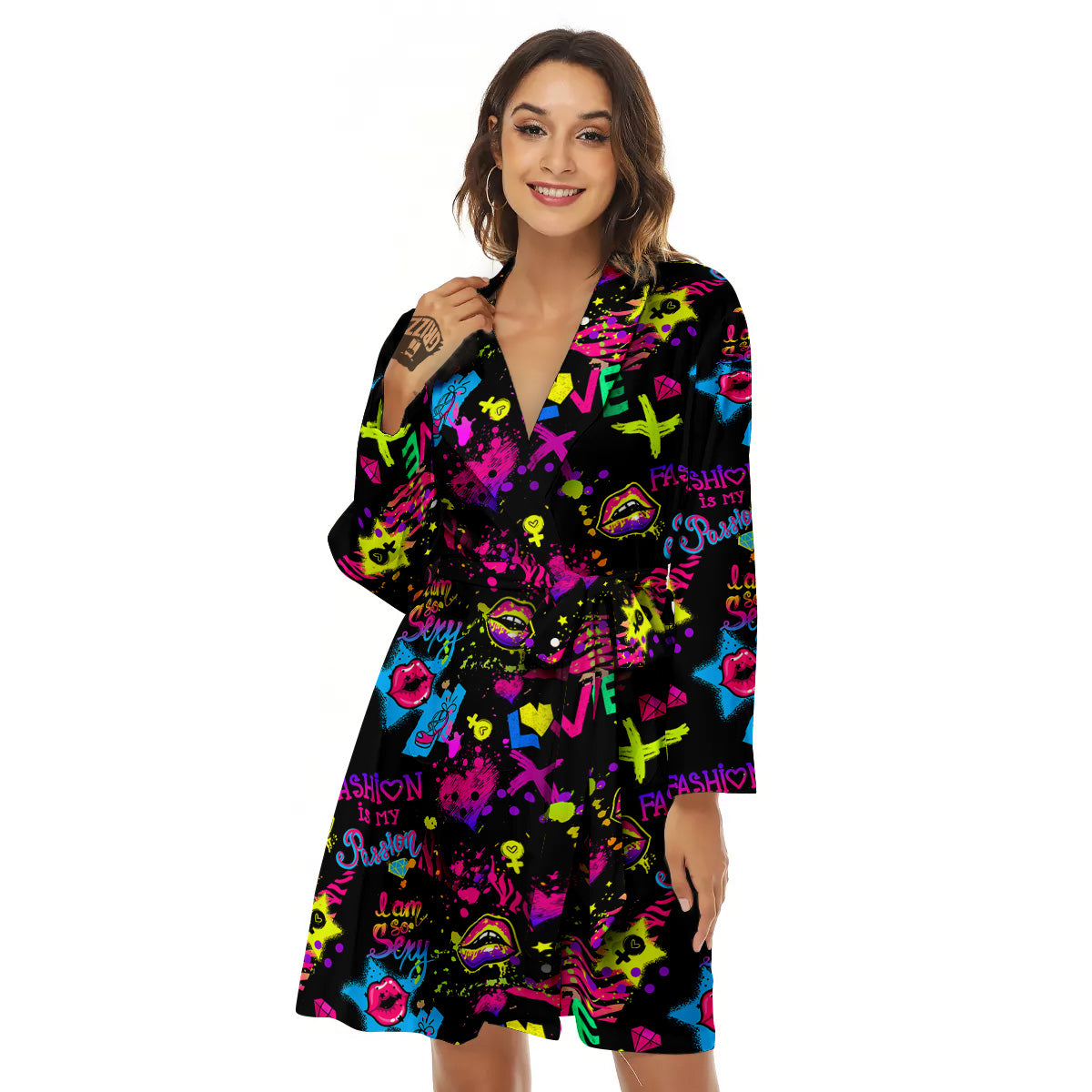 Abstract Graffiti Girlish Spray Paint Print Pattern Women's Robe-grizzshop