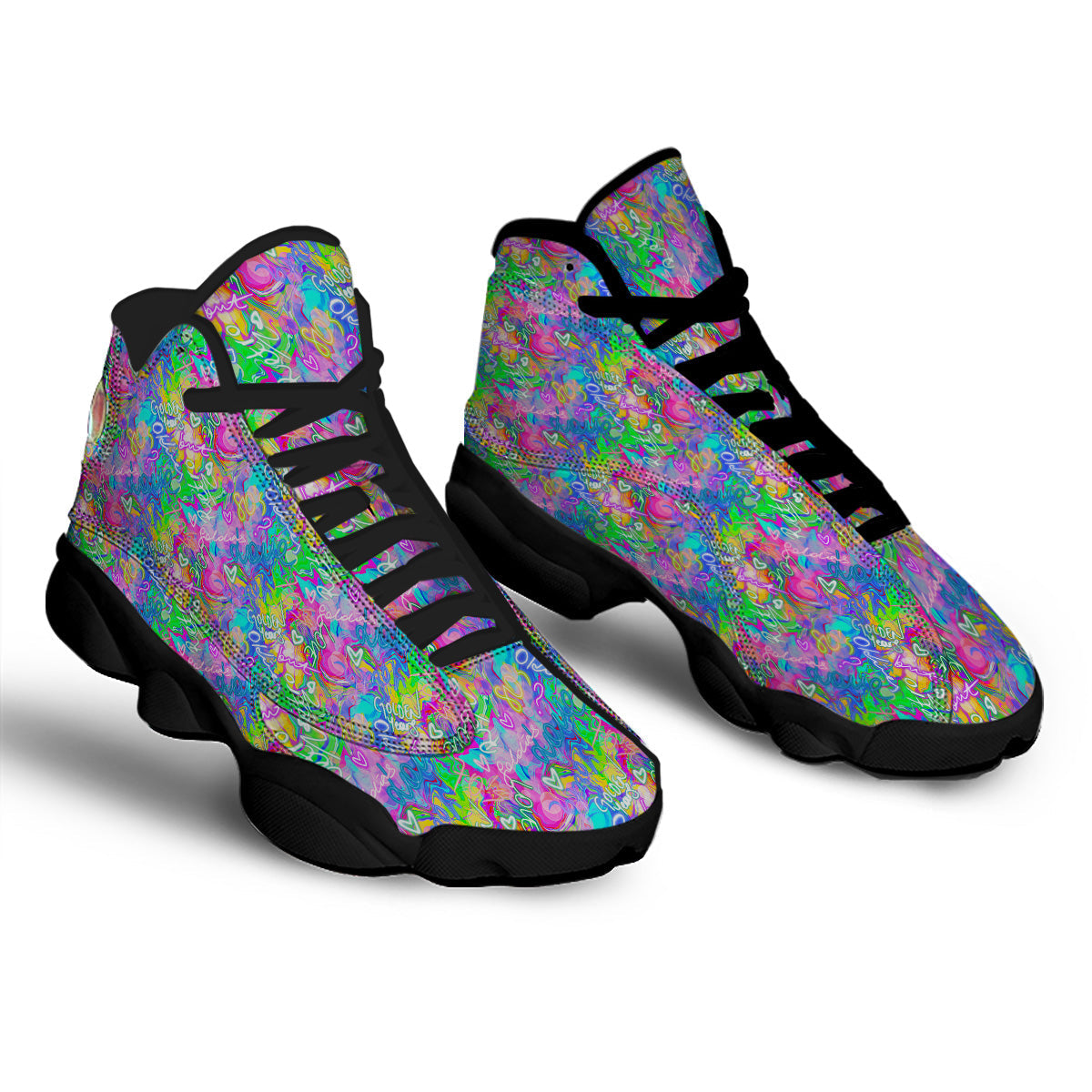 Abstract Graffiti Hand Drawing Neon Retro Print Pattern Black Basketball Shoes-grizzshop