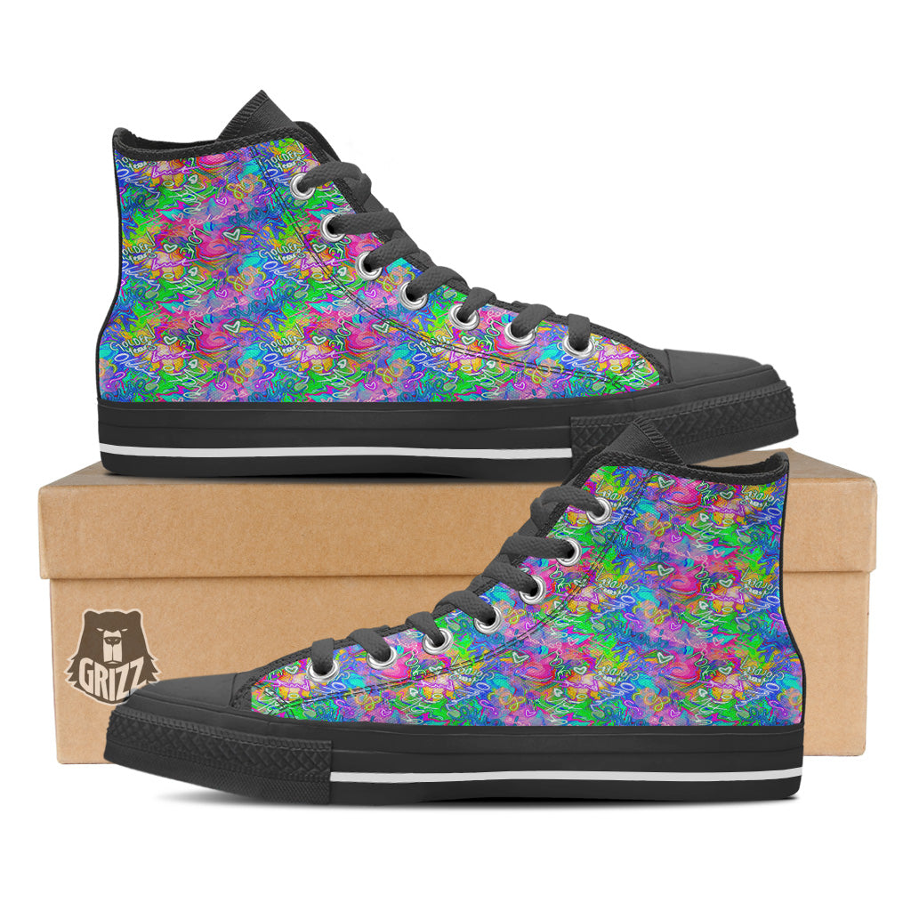 Abstract Graffiti Hand Drawing Neon Retro Print Pattern Black High Top Shoes-grizzshop