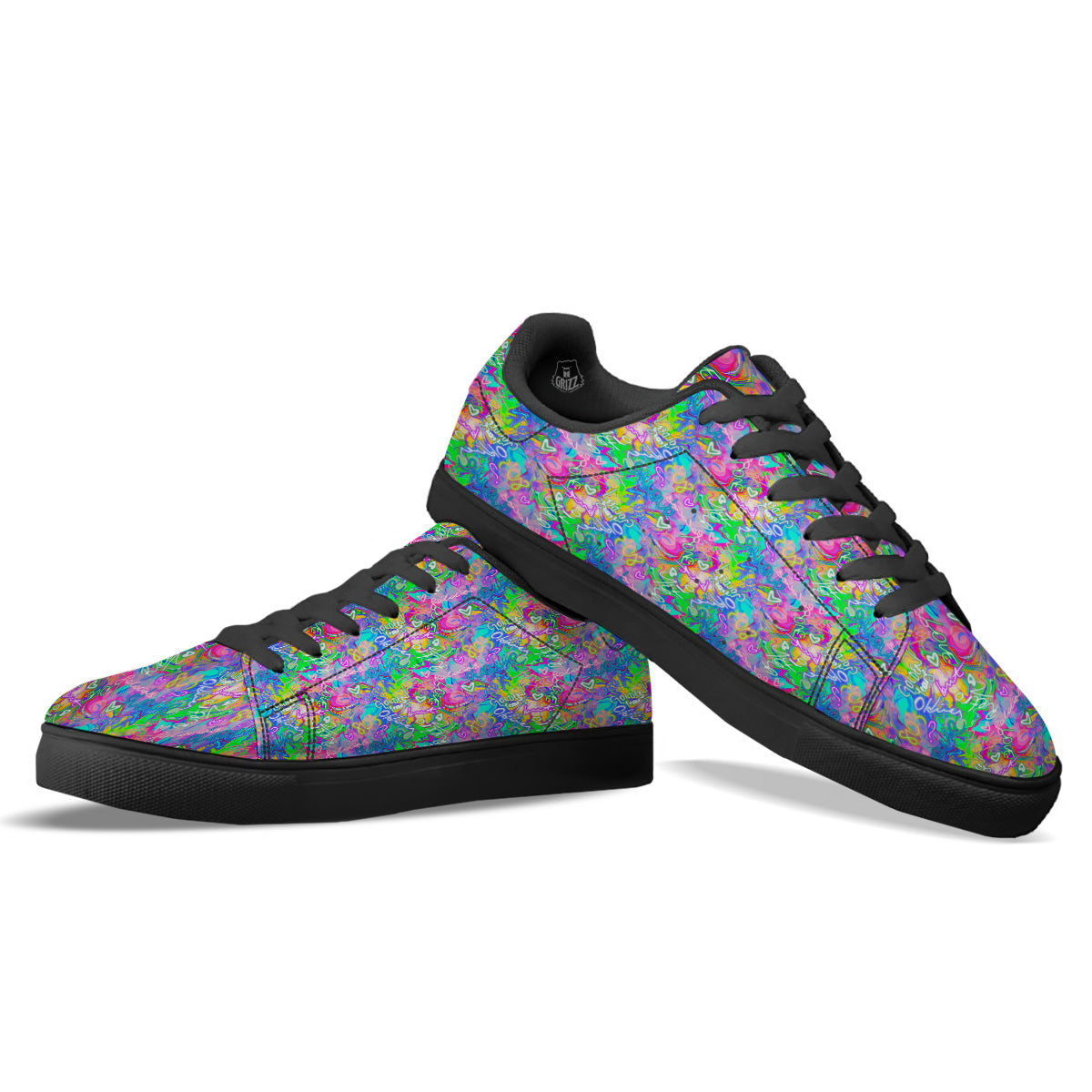 Abstract Graffiti Hand Drawing Neon Retro Print Pattern Black Low Top Sneakers-grizzshop