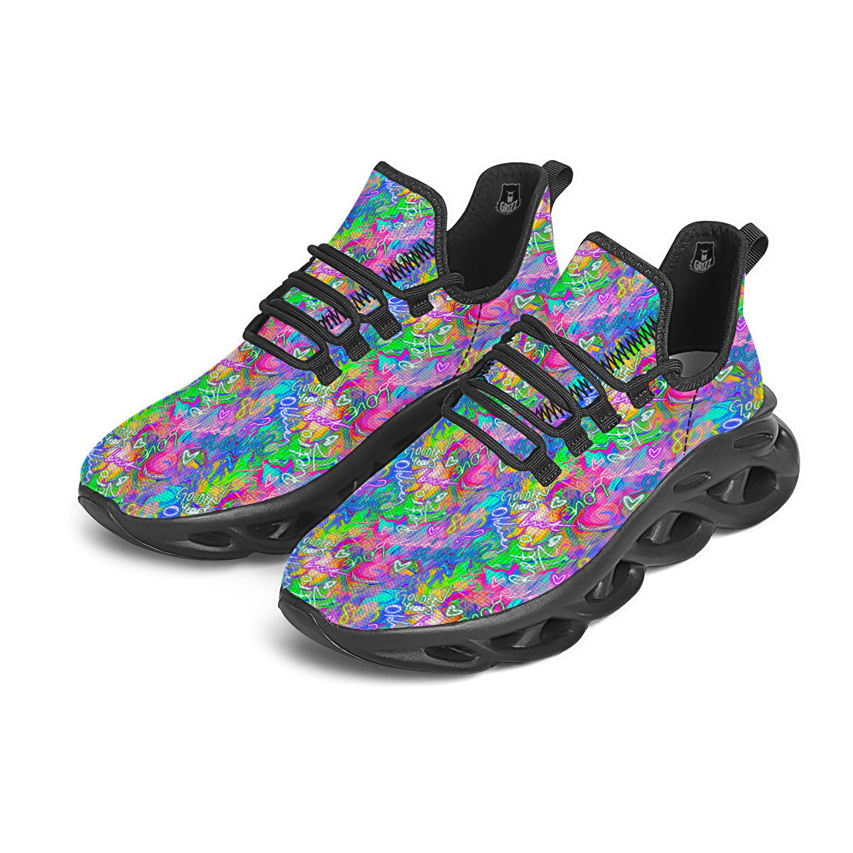 Abstract Graffiti Hand Drawing Neon Retro Print Pattern Black Running Shoes-grizzshop