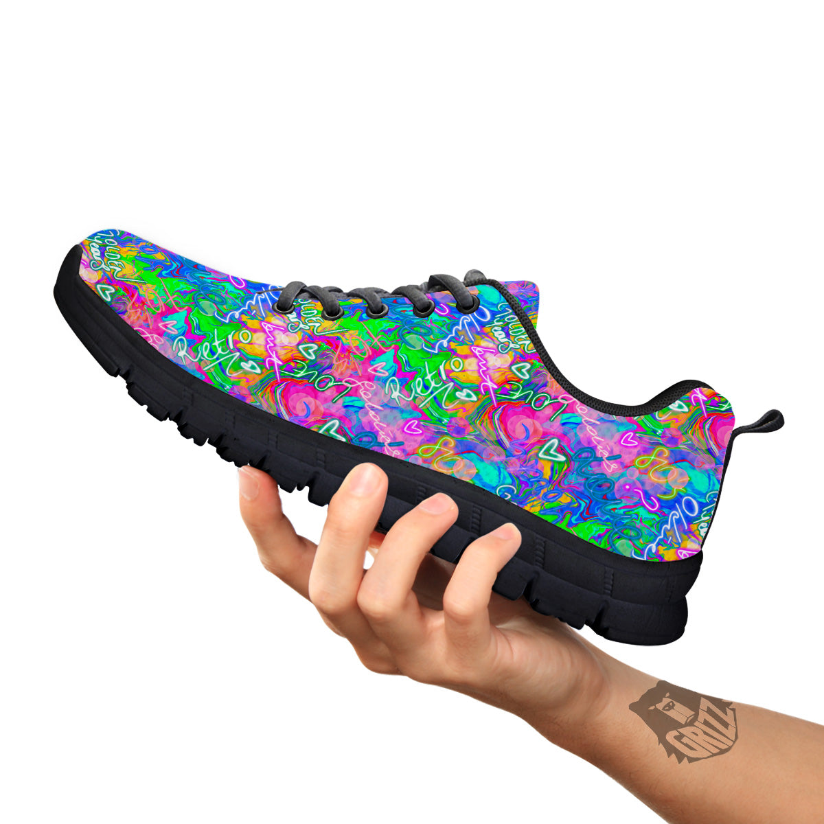 Abstract Graffiti Hand Drawing Neon Retro Print Pattern Black Sneaker-grizzshop