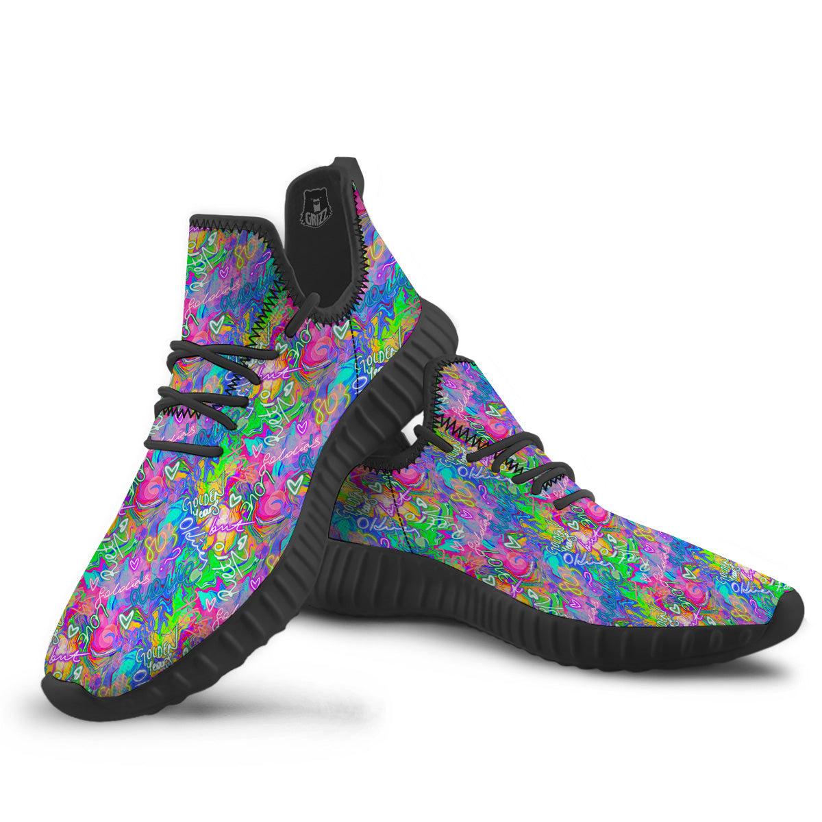 Abstract Graffiti Hand Drawing Neon Retro Print Pattern Black Walking Shoes-grizzshop