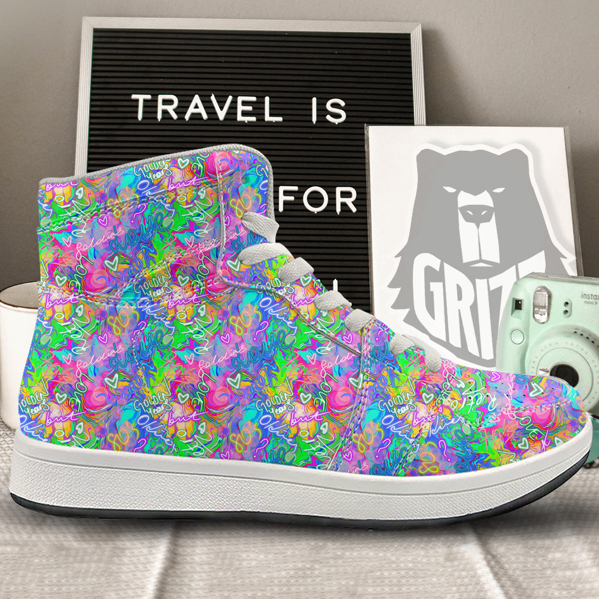 Abstract Graffiti Hand Drawing Neon Retro Print Pattern High Top Sneakers-grizzshop