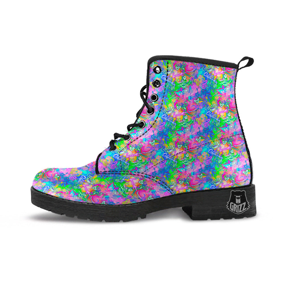 Abstract Graffiti Hand Drawing Neon Retro Print Pattern Leather Boots-grizzshop