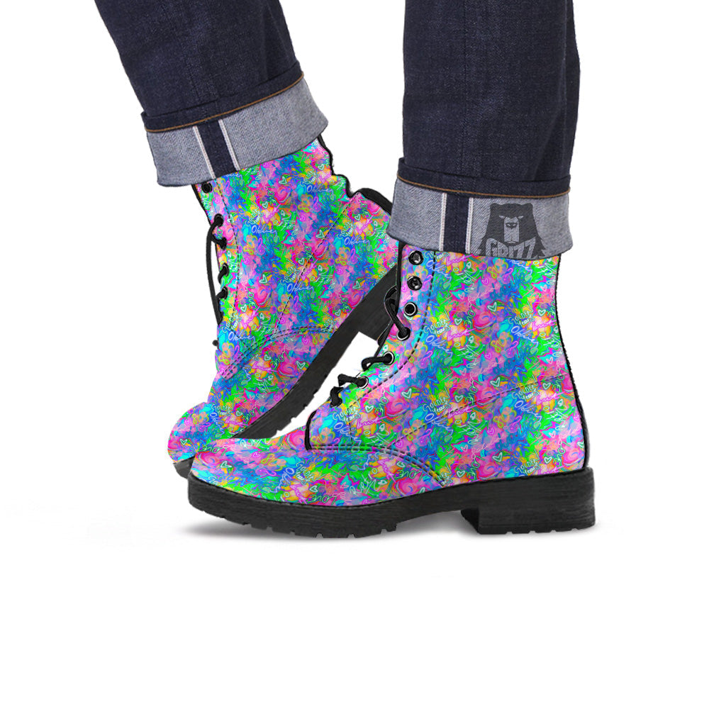 Abstract Graffiti Hand Drawing Neon Retro Print Pattern Leather Boots-grizzshop