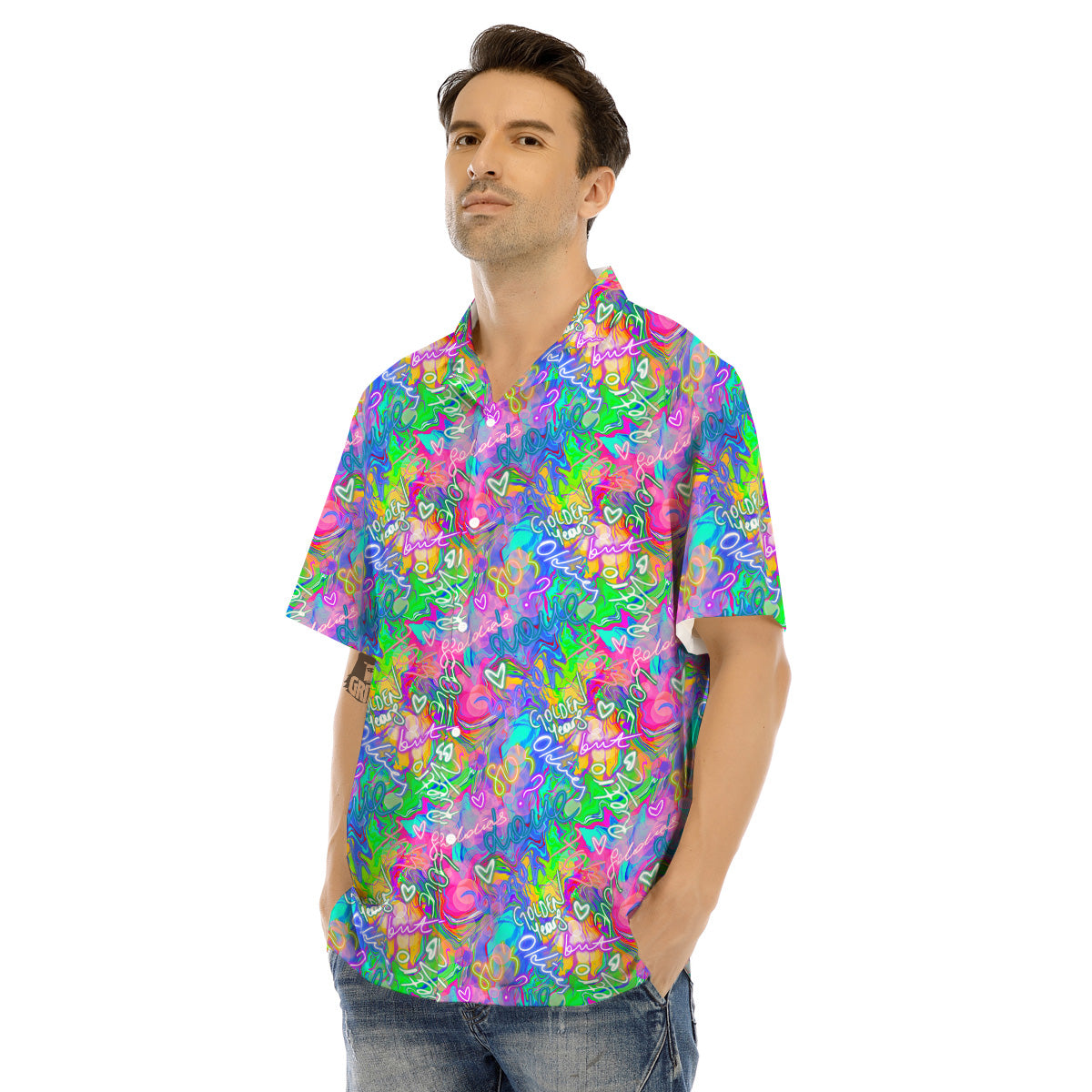 Abstract Graffiti Hand Drawing Neon Retro Print Pattern Men's Hawaiian Shirt-grizzshop