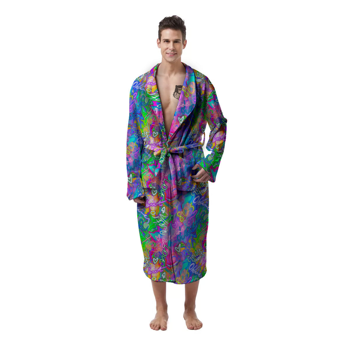 Abstract Graffiti Hand Drawing Neon Retro Print Pattern Men's Robe-grizzshop