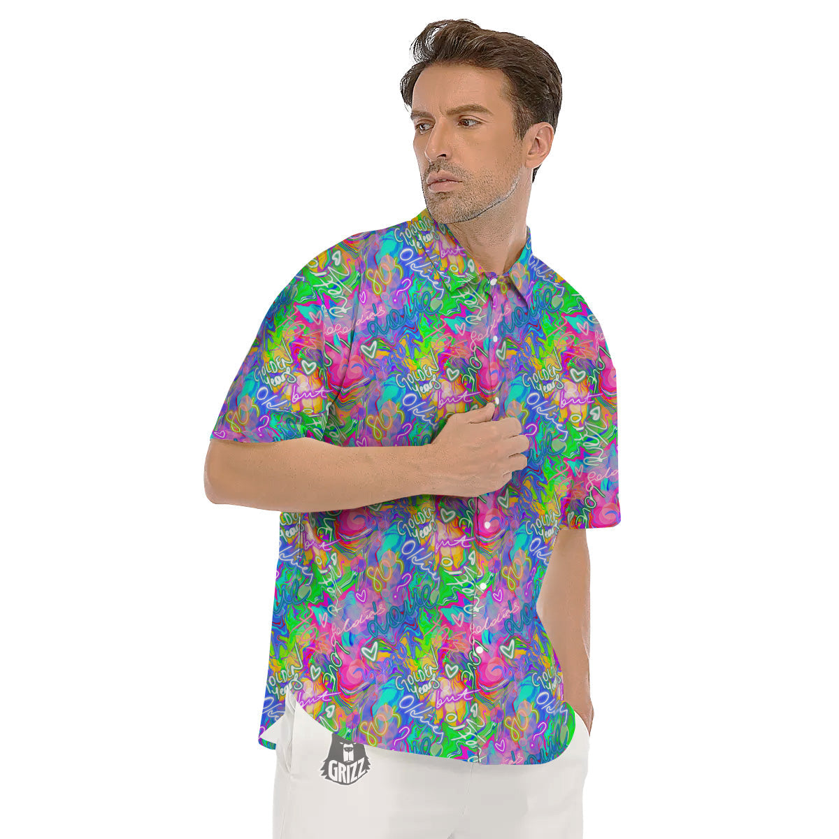 Abstract Graffiti Hand Drawing Neon Retro Print Pattern Men's Short Sleeve Shirts-grizzshop