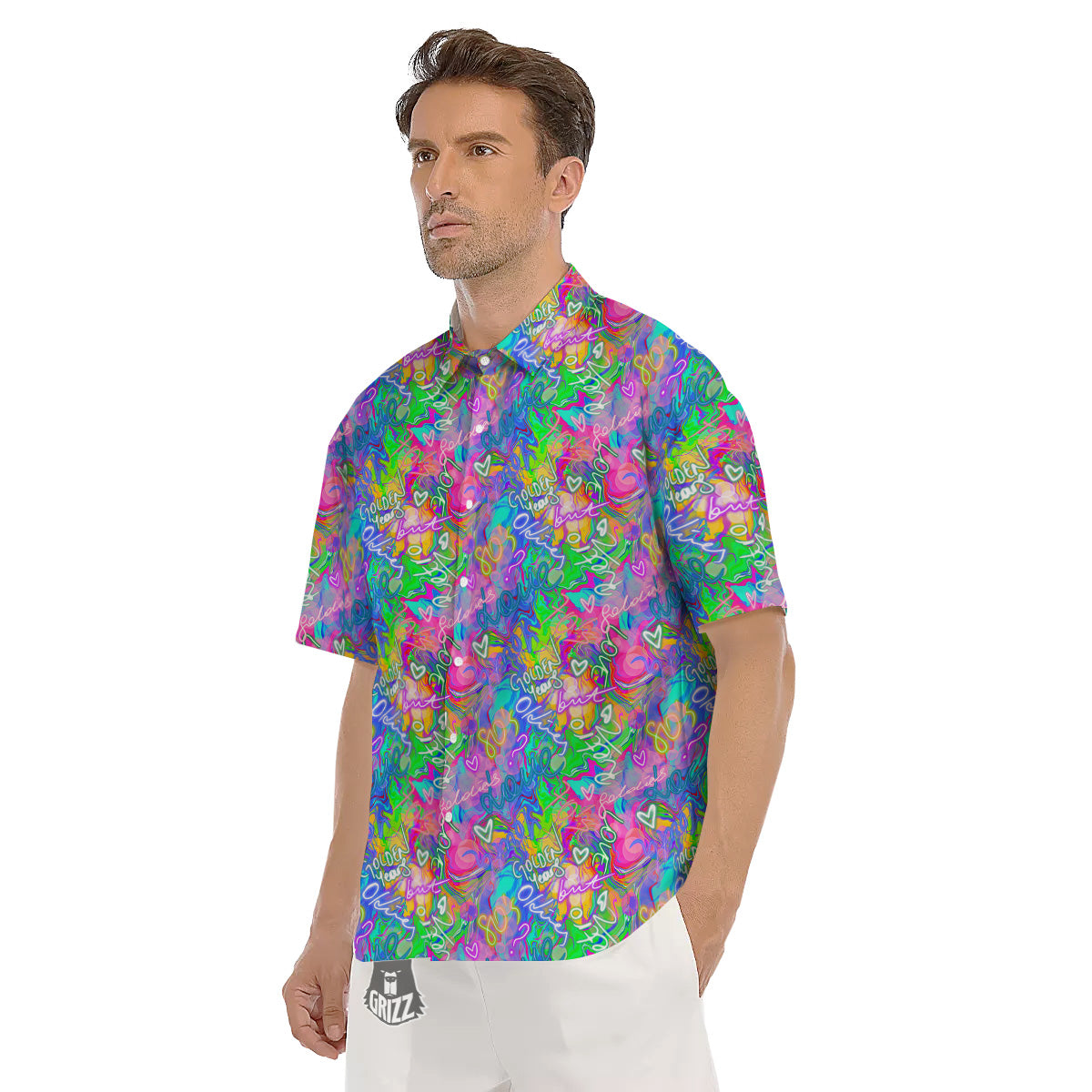 Abstract Graffiti Hand Drawing Neon Retro Print Pattern Men's Short Sleeve Shirts-grizzshop