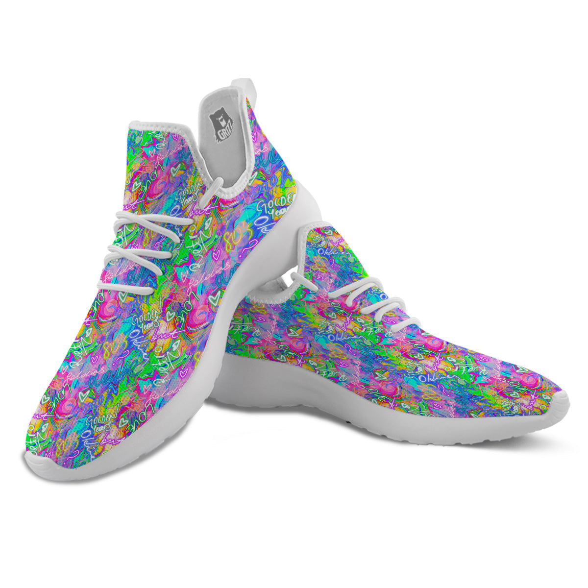 Abstract Graffiti Hand Drawing Neon Retro Print Pattern White Athletic Shoes-grizzshop