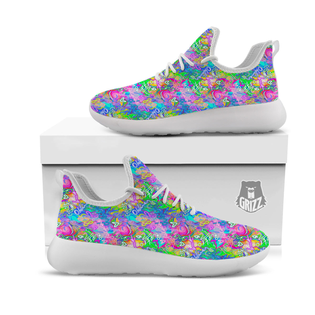 Abstract Graffiti Hand Drawing Neon Retro Print Pattern White Athletic Shoes-grizzshop