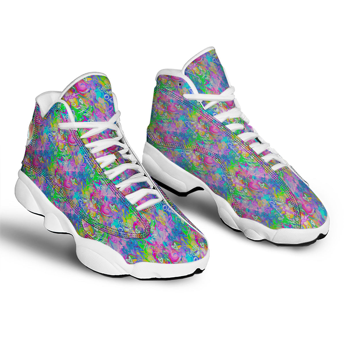 Abstract Graffiti Hand Drawing Neon Retro Print Pattern White Basketball Shoes-grizzshop