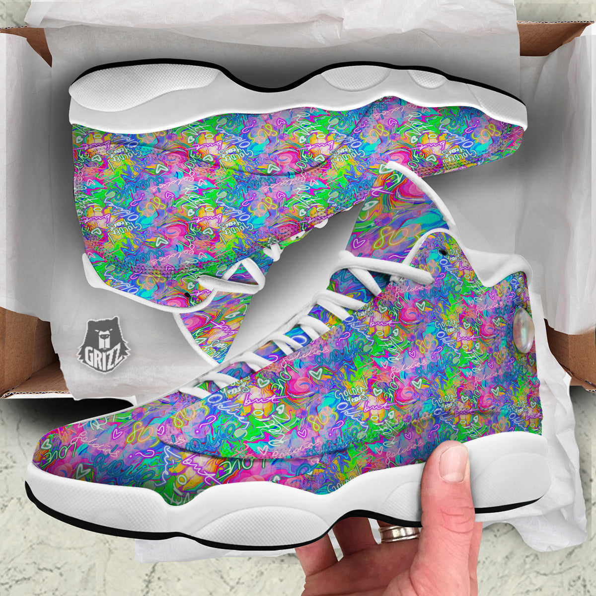 Abstract Graffiti Hand Drawing Neon Retro Print Pattern White Basketball Shoes-grizzshop