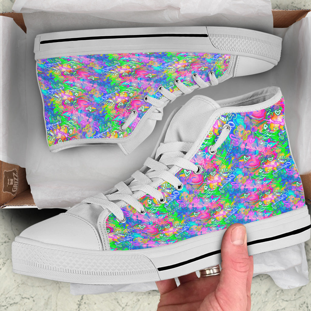 Abstract Graffiti Hand Drawing Neon Retro Print Pattern White High Top Shoes-grizzshop