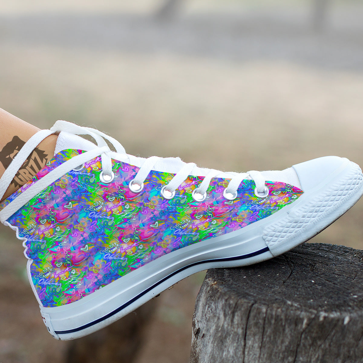 Abstract Graffiti Hand Drawing Neon Retro Print Pattern White High Top Shoes-grizzshop