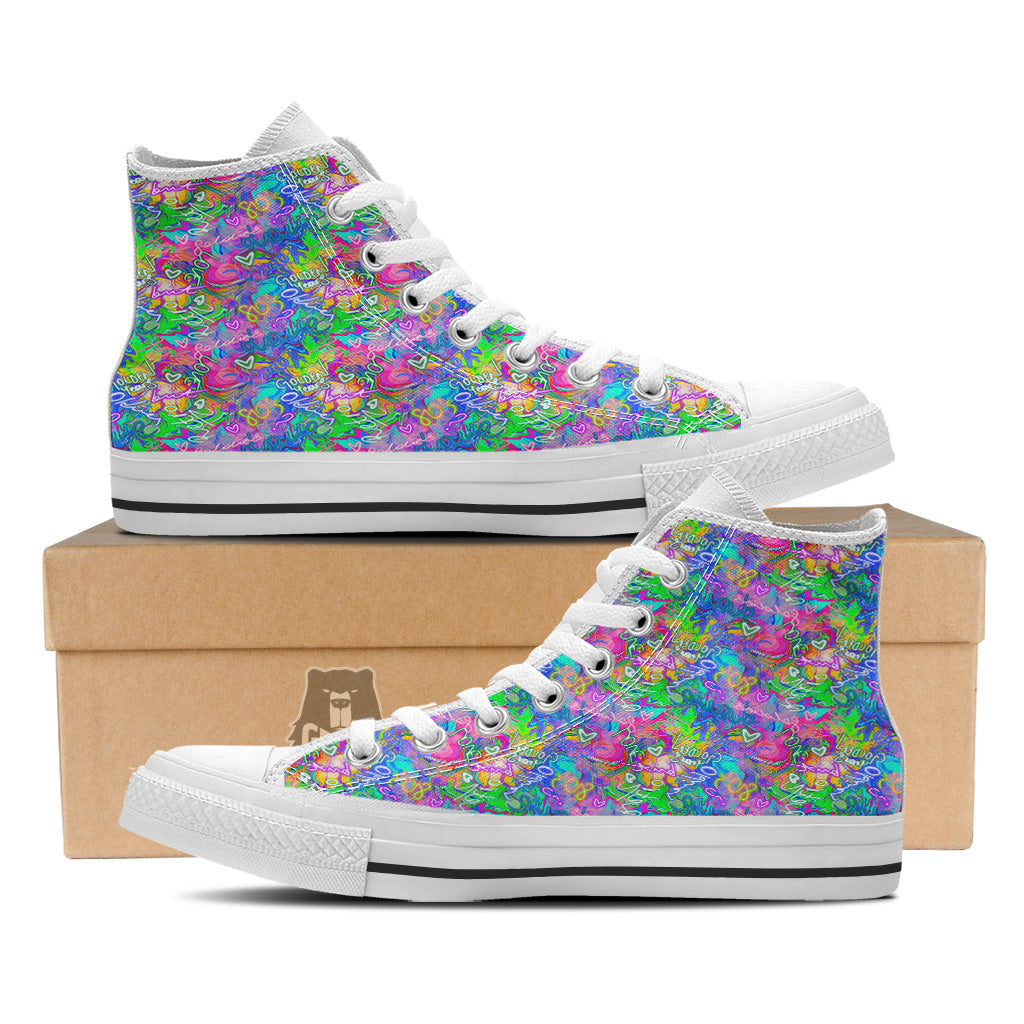 Abstract Graffiti Hand Drawing Neon Retro Print Pattern White High Top Shoes-grizzshop